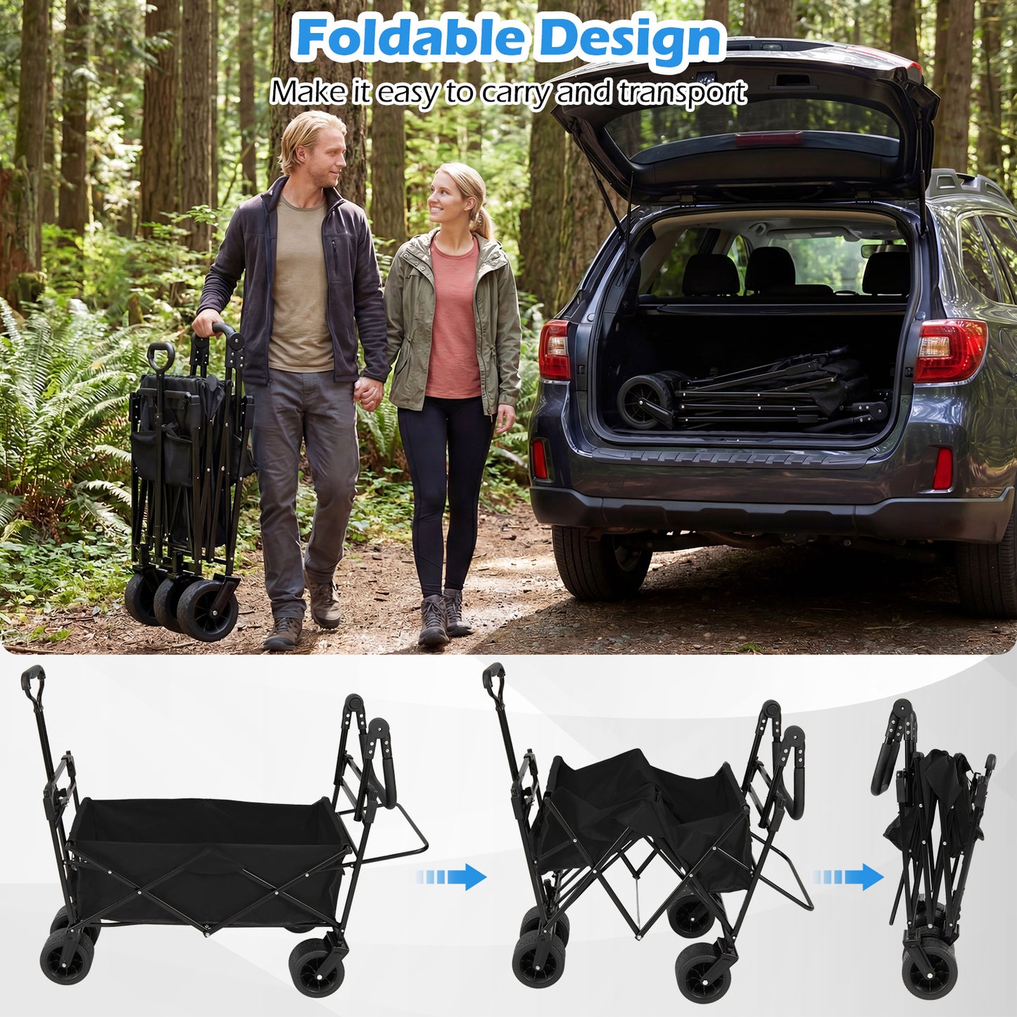 100 L Folding Garden Cart with Adjustable Handles and Canopy-Black