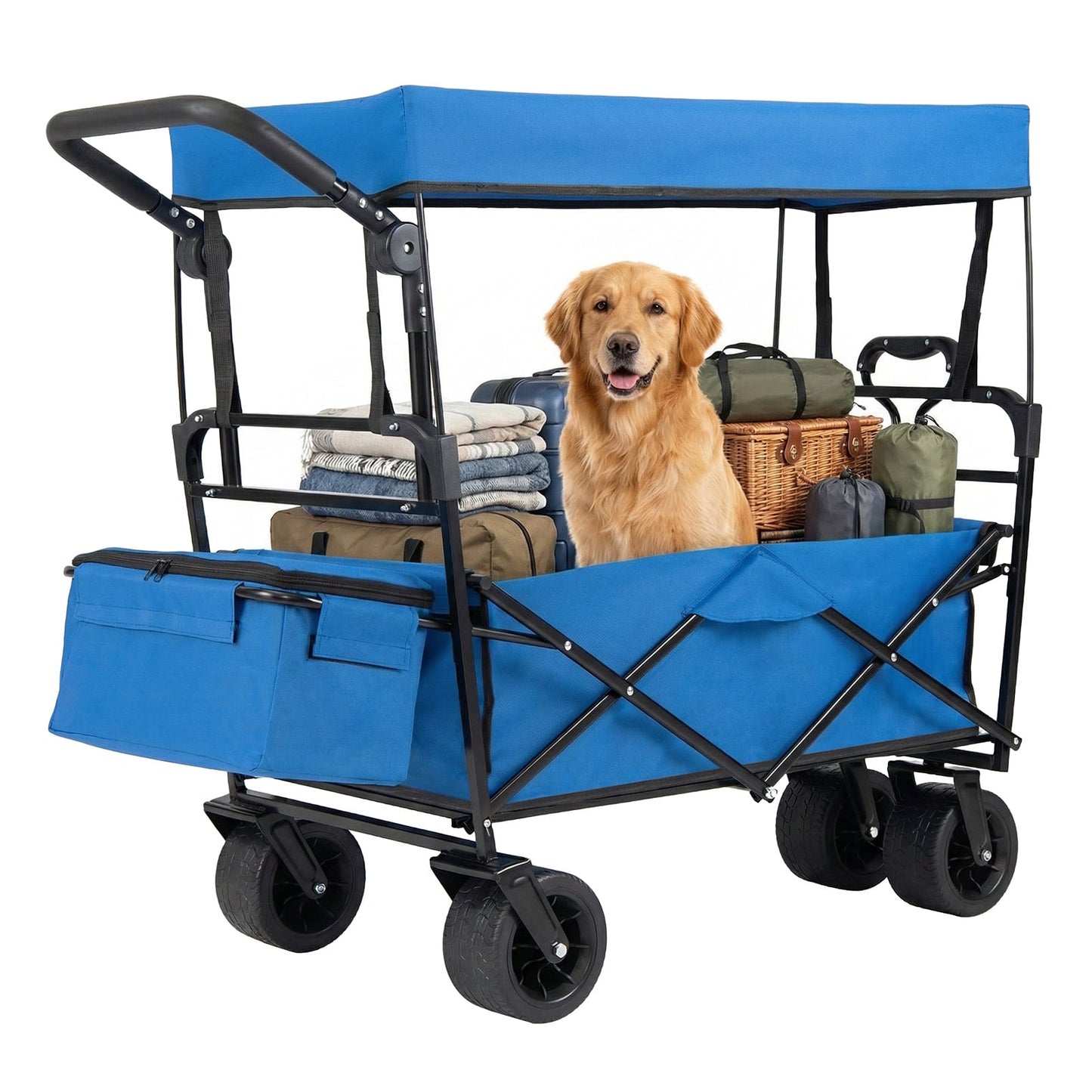 100 L Folding Garden Cart with Adjustable Handles and Canopy-Blue