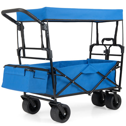 100 L Folding Garden Cart with Adjustable Handles and Canopy-Blue