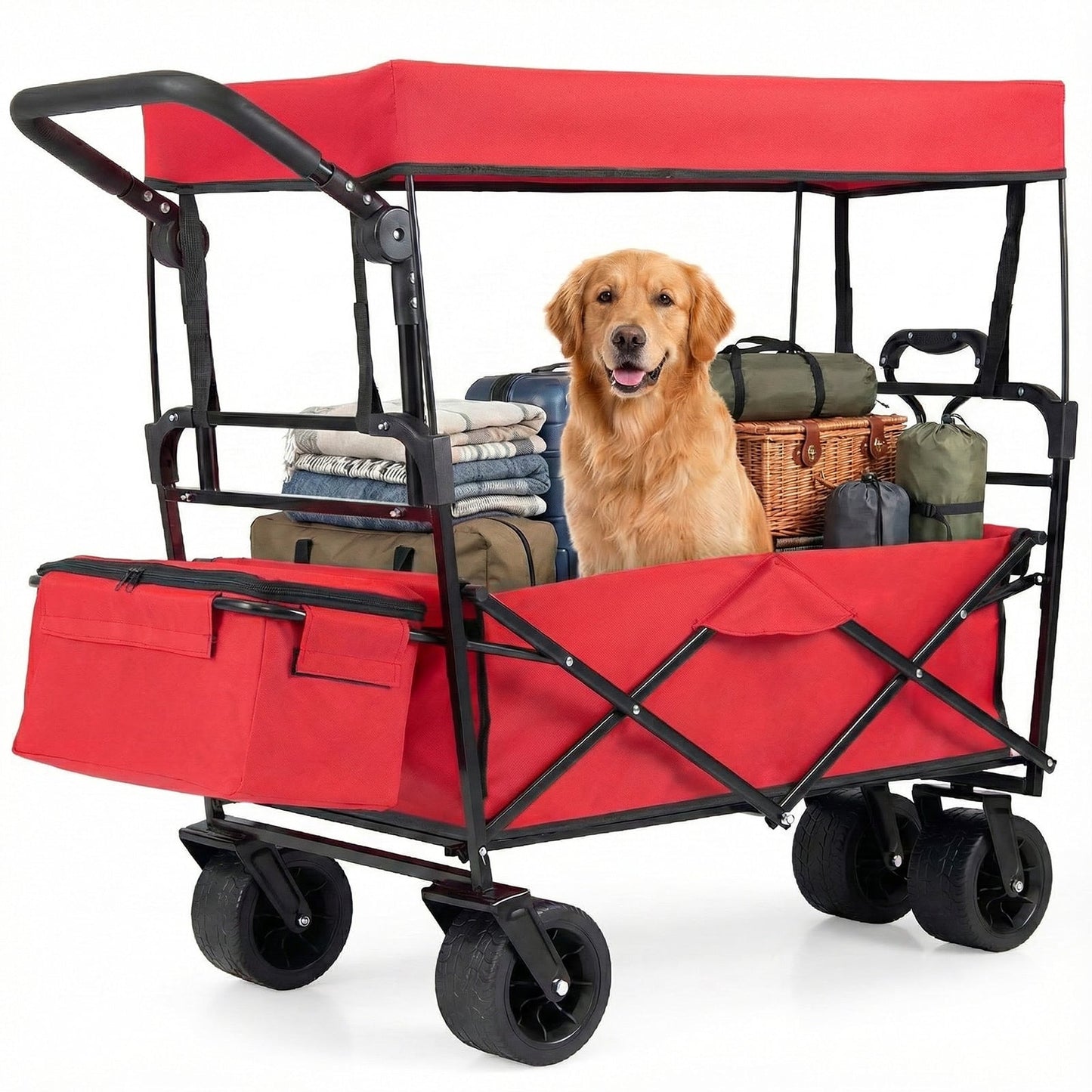 100 L Folding Garden Cart with Adjustable Handles and Canopy-Red