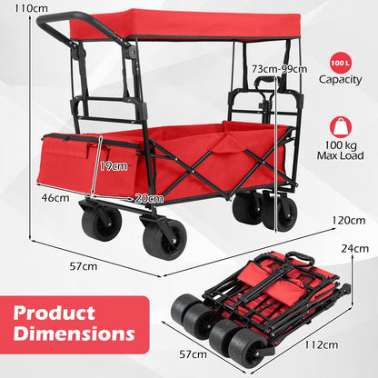 100 L Folding Garden Cart with Adjustable Handles and Canopy-Red