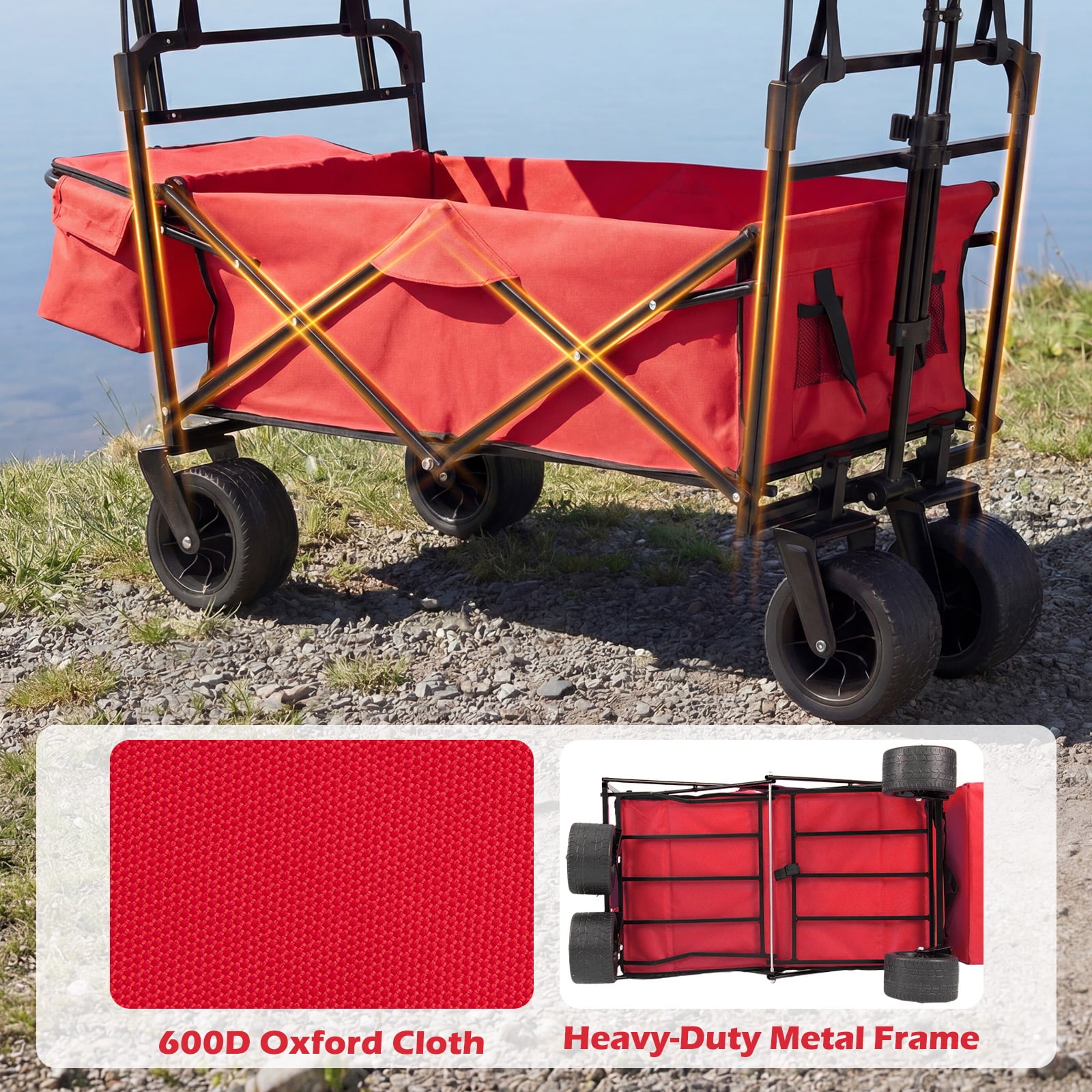 100 L Folding Garden Cart with Adjustable Handles and Canopy-Red