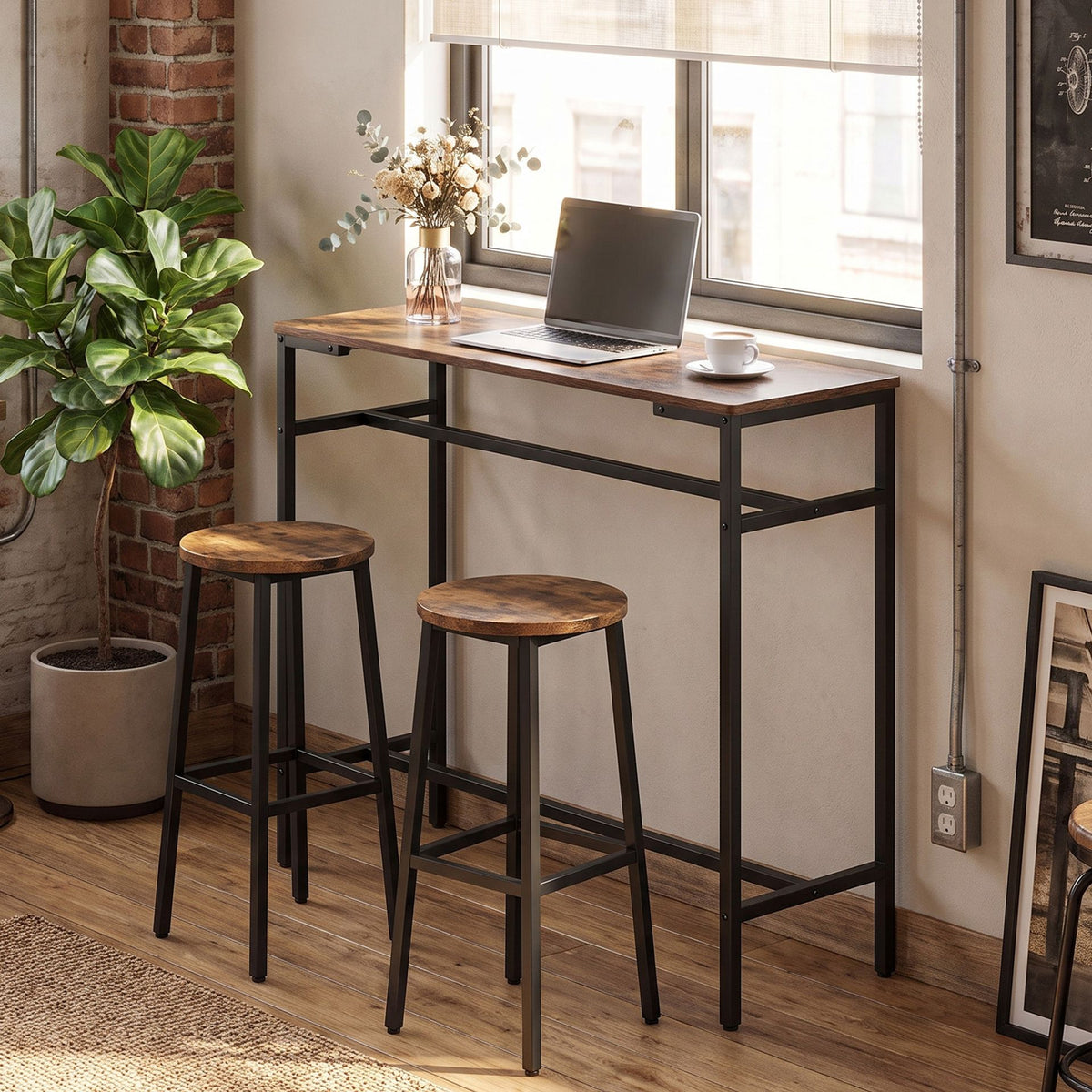 100 cm Long Bar Table with Footrest and Metal Frame for Kitchen Dining Room-Rustic Brown