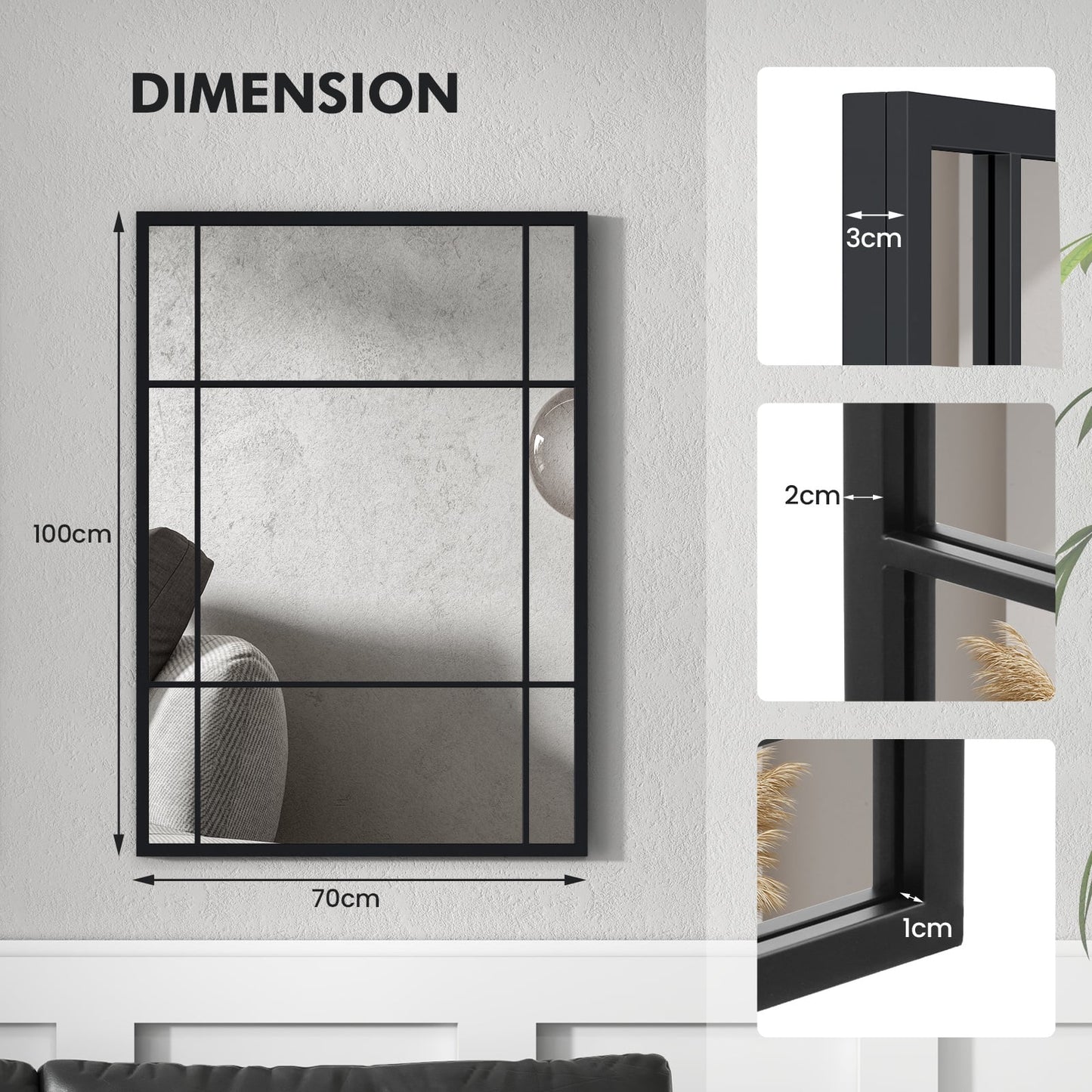 100 cm x 70 cm Wall Mounted Mirror Metal Framed Hanging Mirror for Living Room-Black