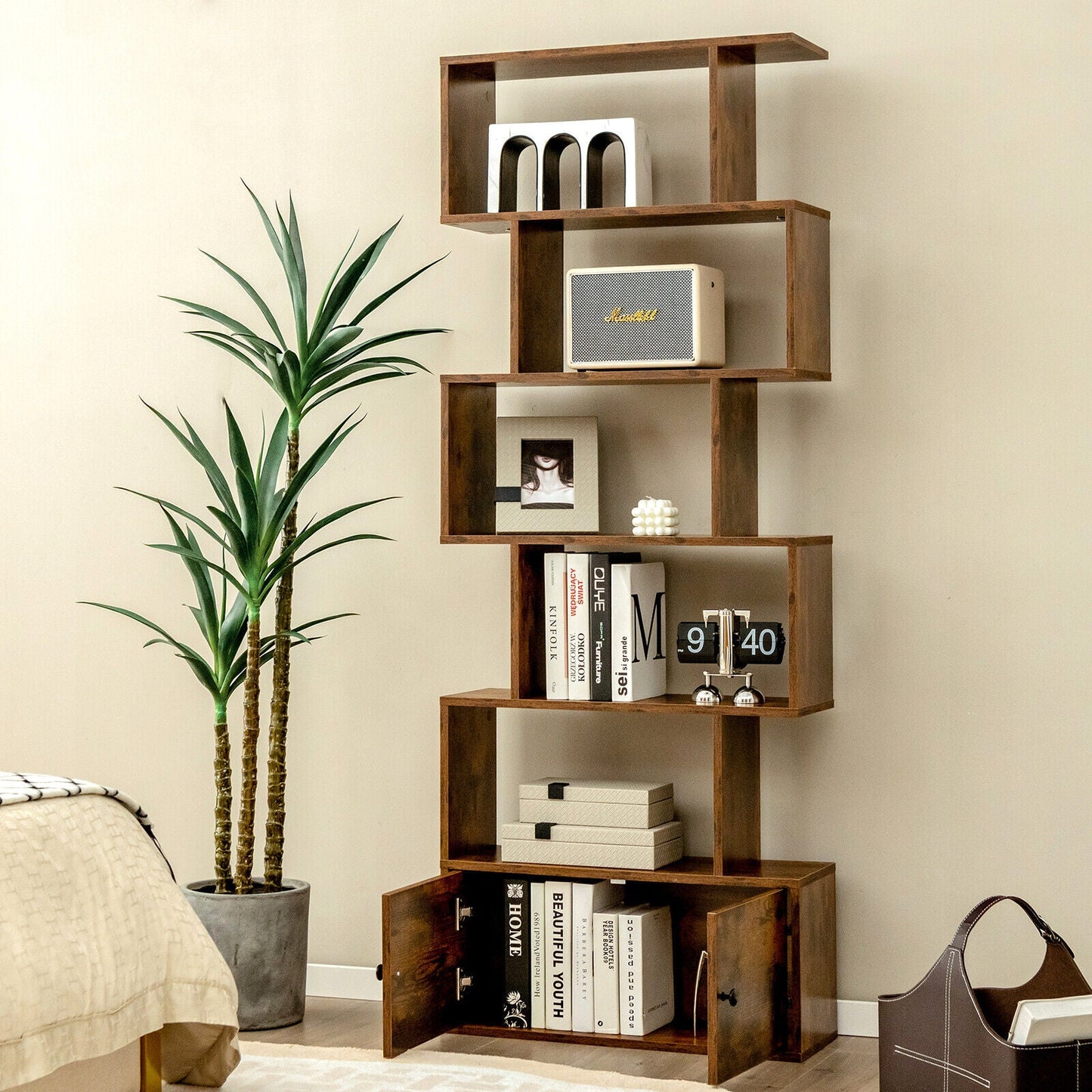 S-Shaped Bookshelf with Storage Cabiet for Living Room Brown