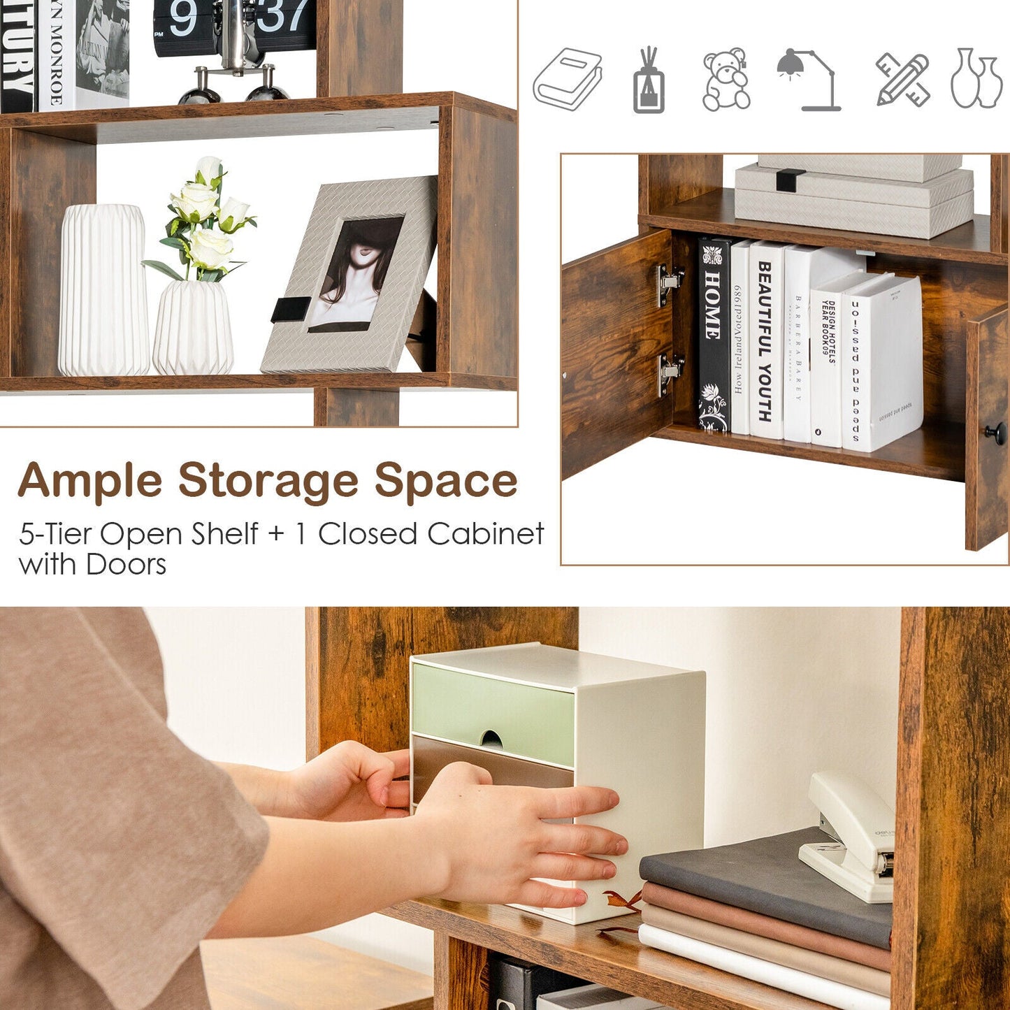 S-Shaped Bookshelf with Storage Cabiet for Living Room Brown