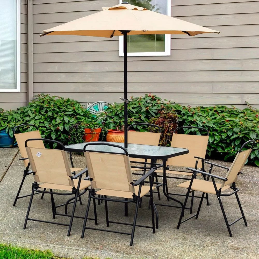 Foldable 8 Pieces Dining Table Set With Umbrella Beige