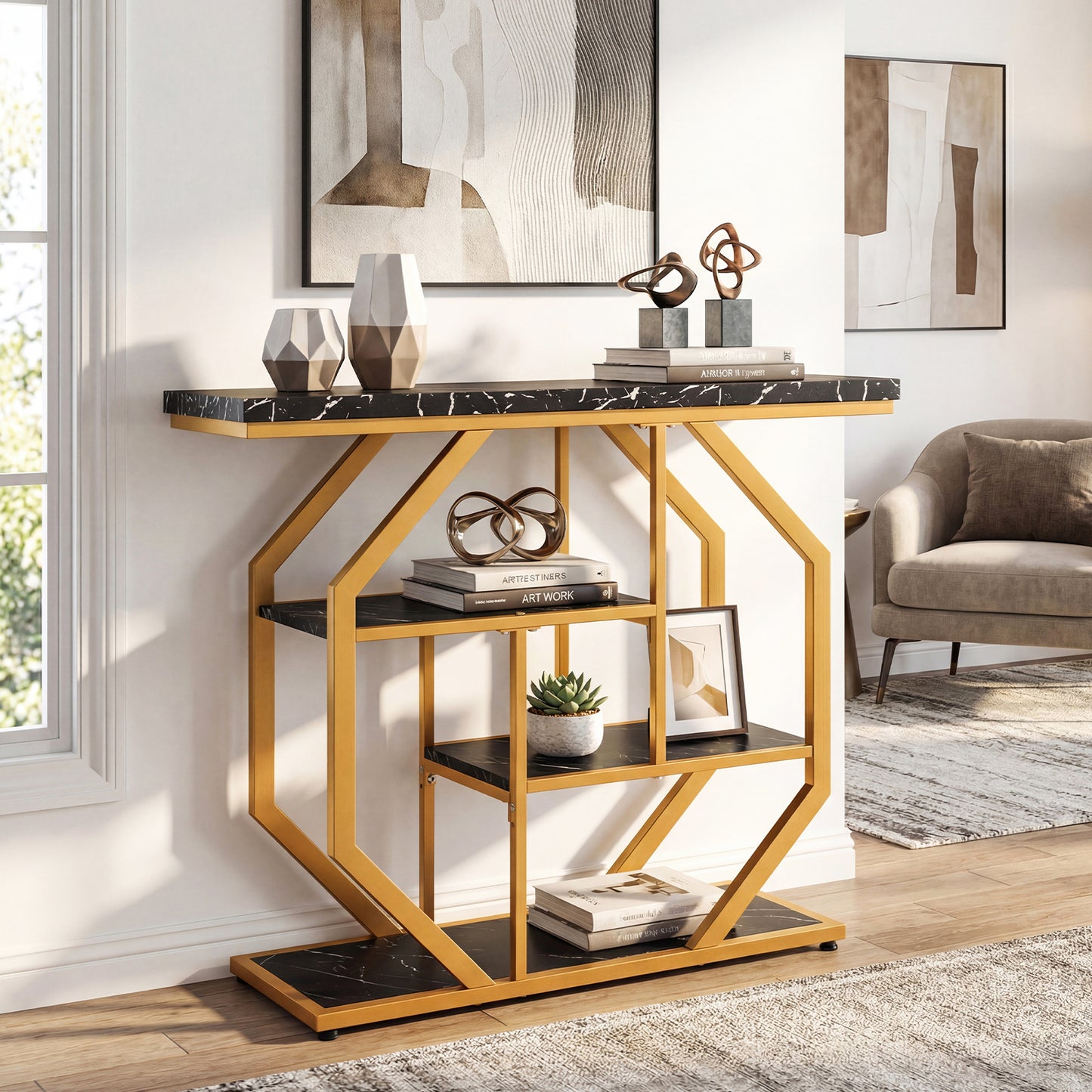 100CM 4-Tier Modern Entryway Table with Storage Shelves for Hallway-Black & Gold