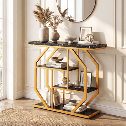 100CM 4-Tier Modern Entryway Table with Storage Shelves for Hallway-Black & Gold