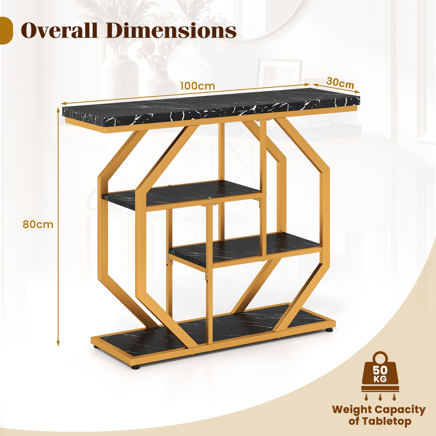 100CM 4-Tier Modern Entryway Table with Storage Shelves for Hallway-Black & Gold