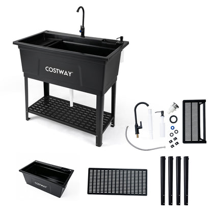 100L Utility Sink Laundry Tub with Rotating Faucet Storage Shelf Drip Tray Adjustable Legs-Black