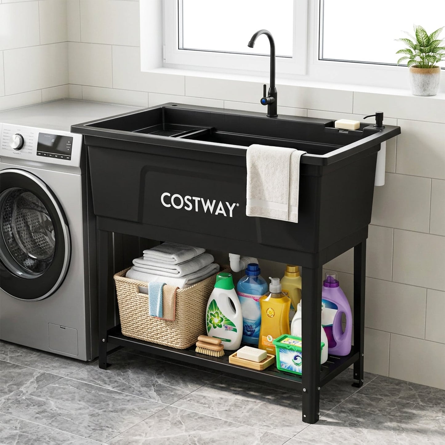 100L Utility Sink Laundry Tub with Rotating Faucet Storage Shelf Drip Tray Adjustable Legs-Black