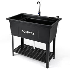 100L Utility Sink Laundry Tub with Rotating Faucet Storage Shelf Drip Tray Adjustable Legs-Black