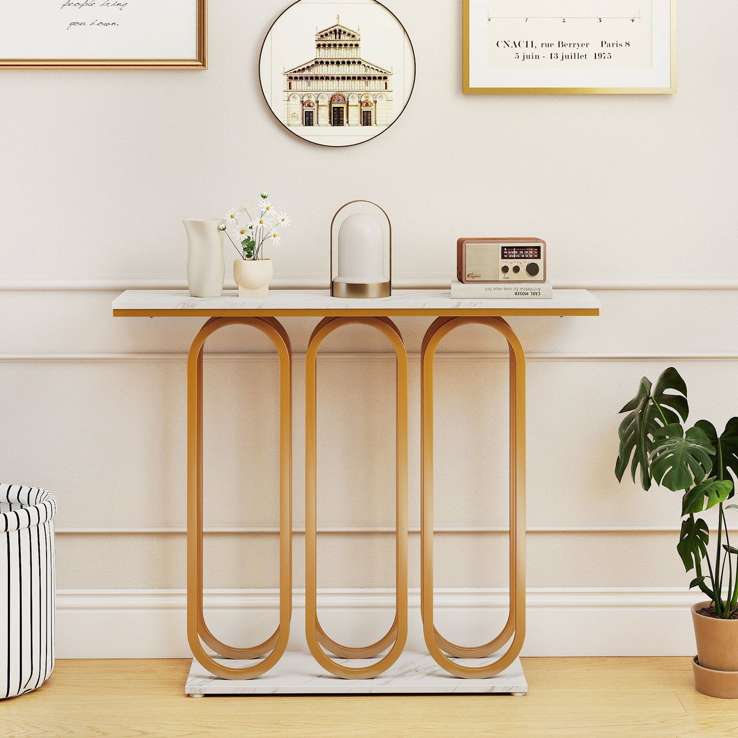 100 CM Faux Marble Entryway Table with Adjustable Foot Pads-White