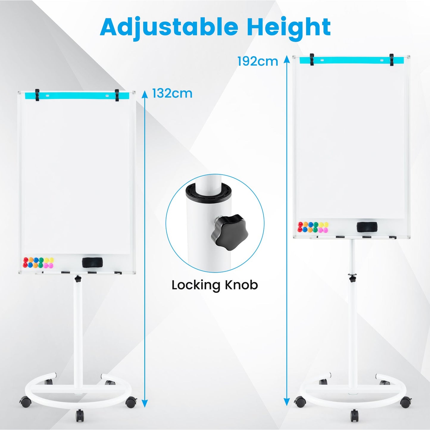 100 cm x 65 cm Height-Adjustable Magnetic Whiteboard on Wheels-White