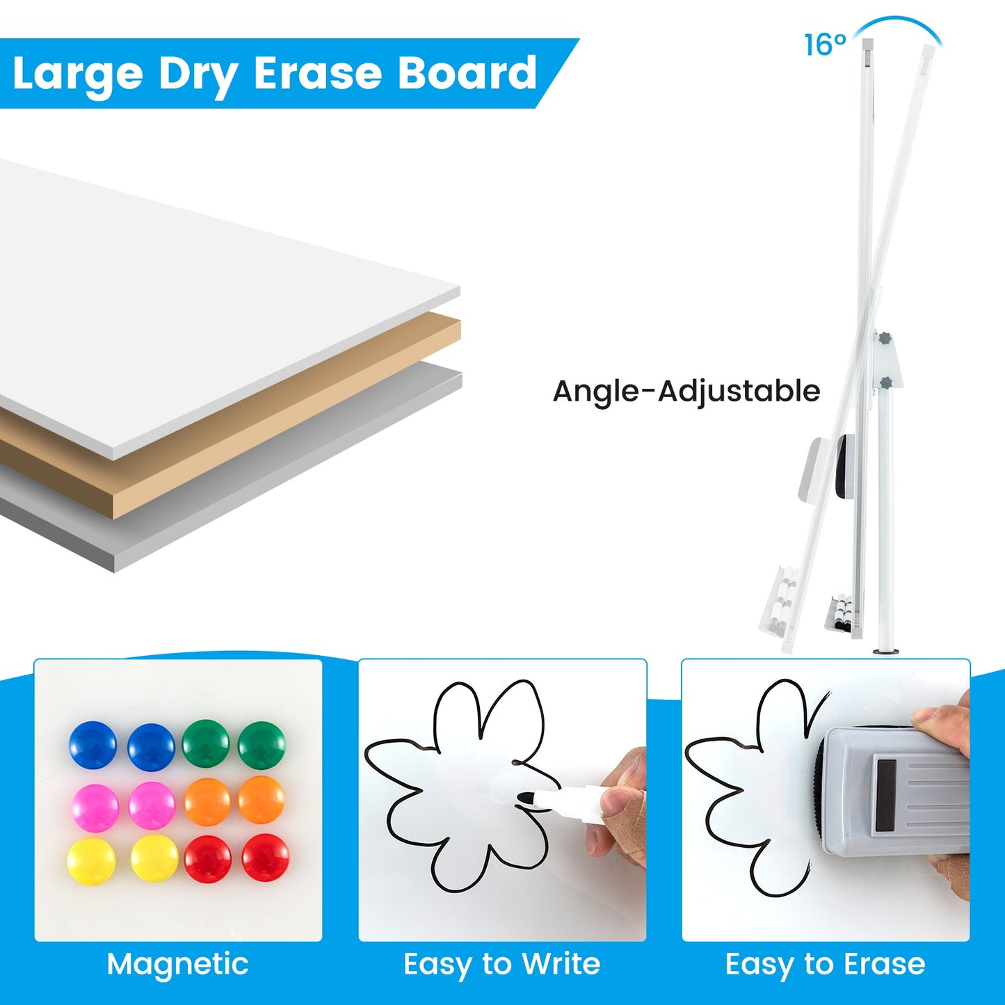 100 cm x 65 cm Height-Adjustable Magnetic Whiteboard on Wheels-White