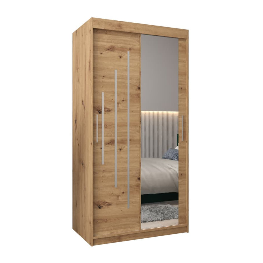 Wooden wardrobe with a mirror on a white background