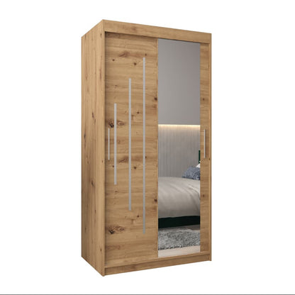 Wooden wardrobe with a mirror on a white background