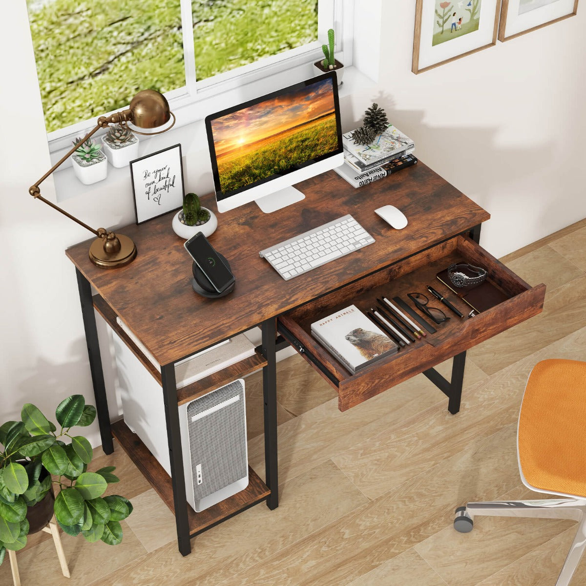 100 cm Computer Desk Computer Workstation with Drawer and Adjustable Shelf-Rustic Brown