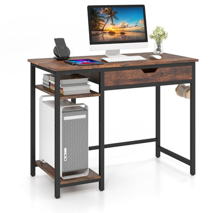 100 cm Computer Desk Computer Workstation with Drawer and Adjustable Shelf-Rustic Brown