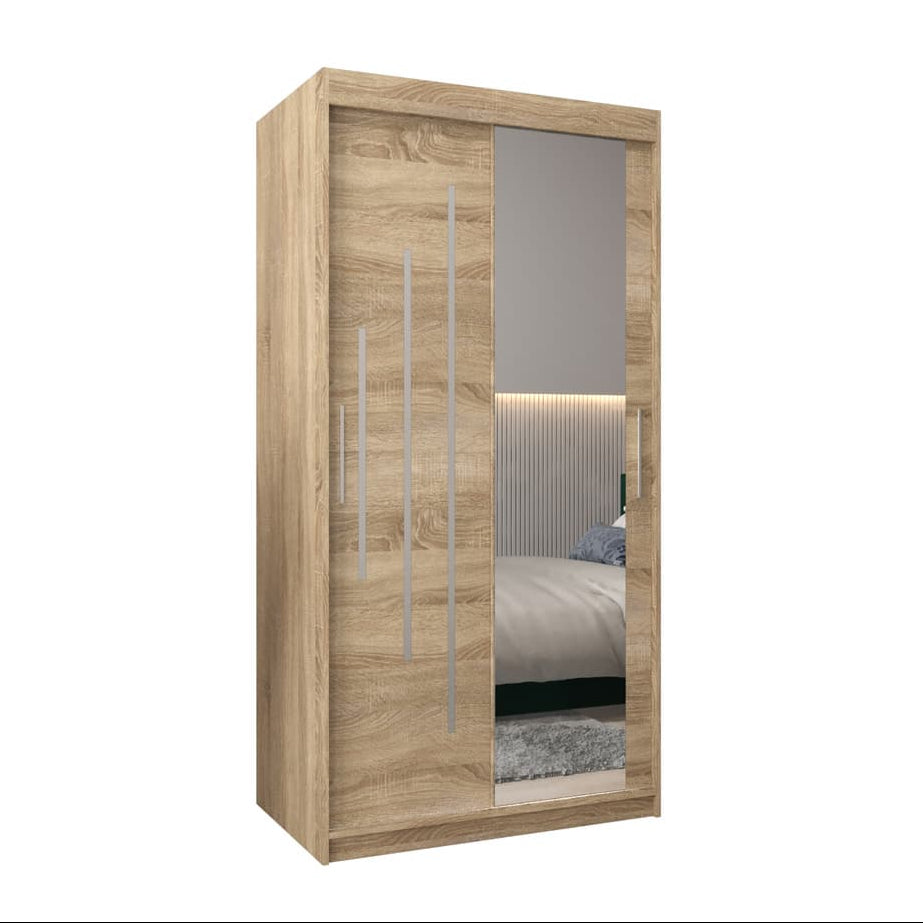 Wooden wardrobe with a mirror door on a white background