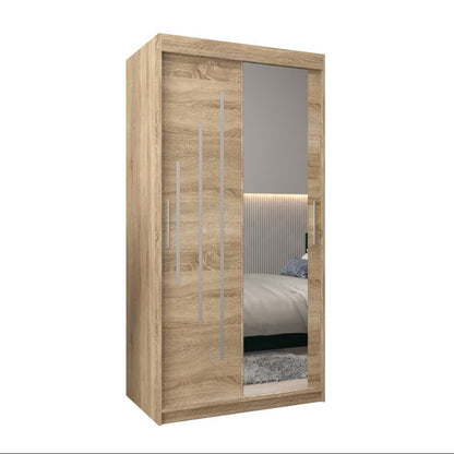Wooden wardrobe with a mirror door on a white background