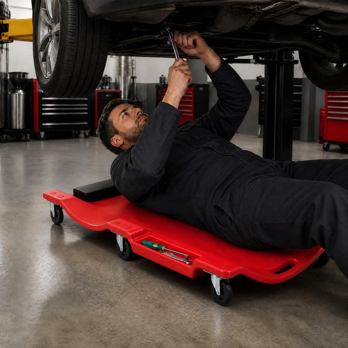 101 CM Low Profile Rolling Garage Creeper with Padded Headrest-Red