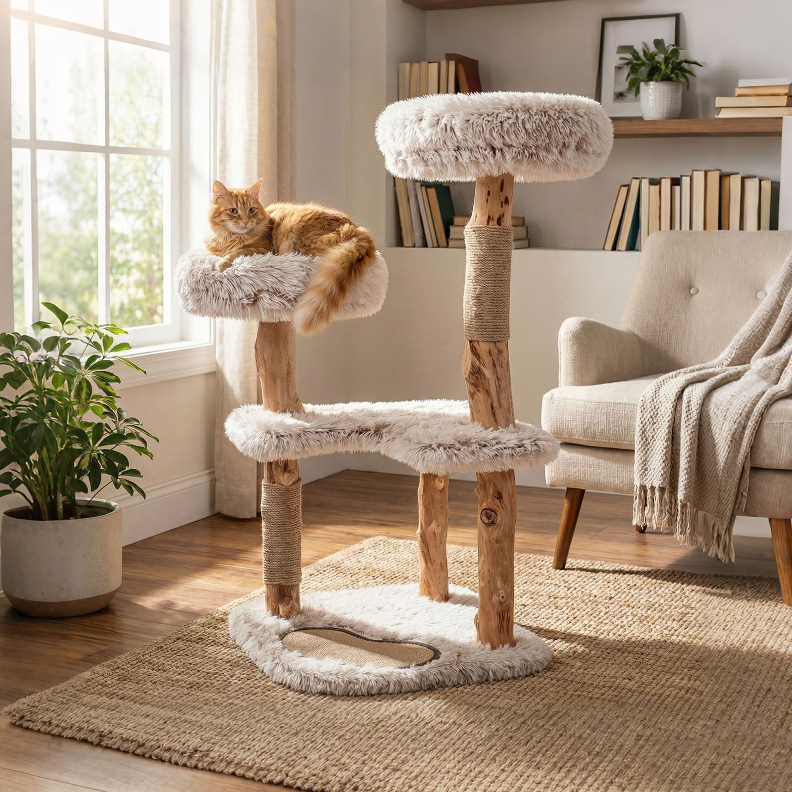 101CM Cat Tree Tower with Real Wood Natural Branch and 2 Padded Perches-Natural & White