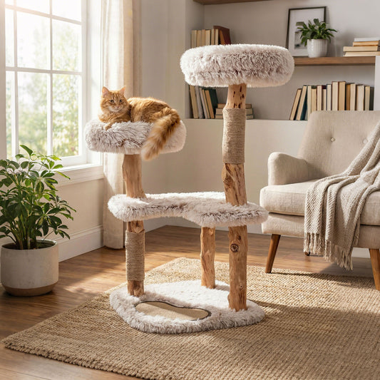 101CM Cat Tree Tower with Real Wood Natural Branch and 2 Padded Perches-Natural & White