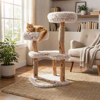 101CM Cat Tree Tower with Real Wood Natural Branch and 2 Padded Perches-Natural & White