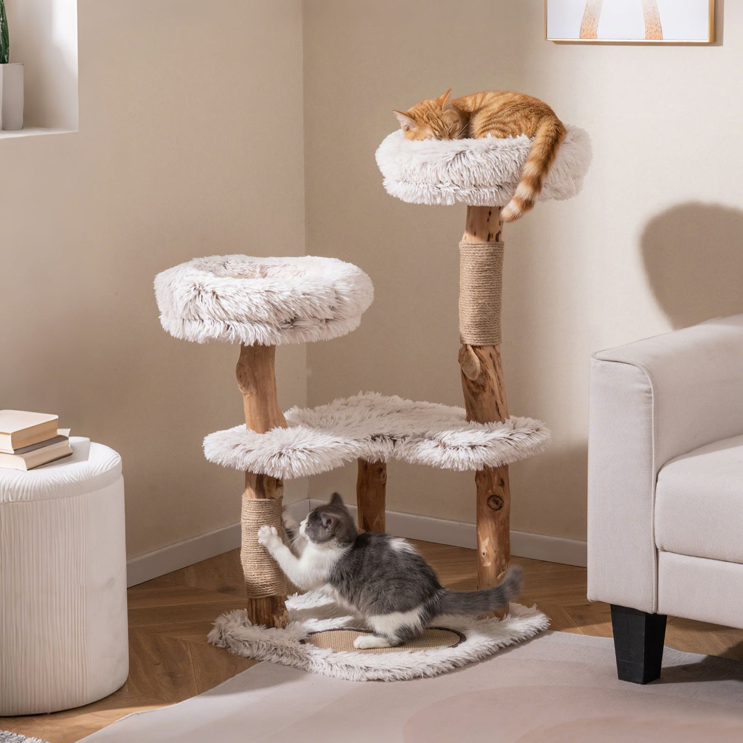 101CM Cat Tree Tower with Real Wood Natural Branch and 2 Padded Perches-Natural & White