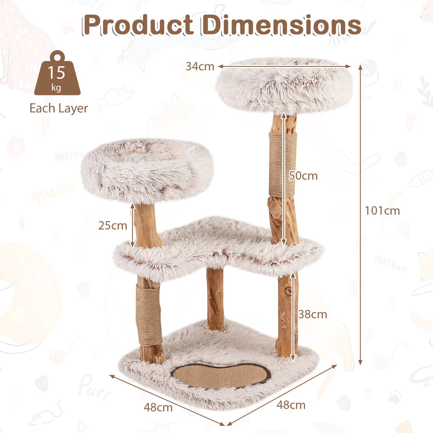 101CM Cat Tree Tower with Real Wood Natural Branch and 2 Padded Perches-Natural & White