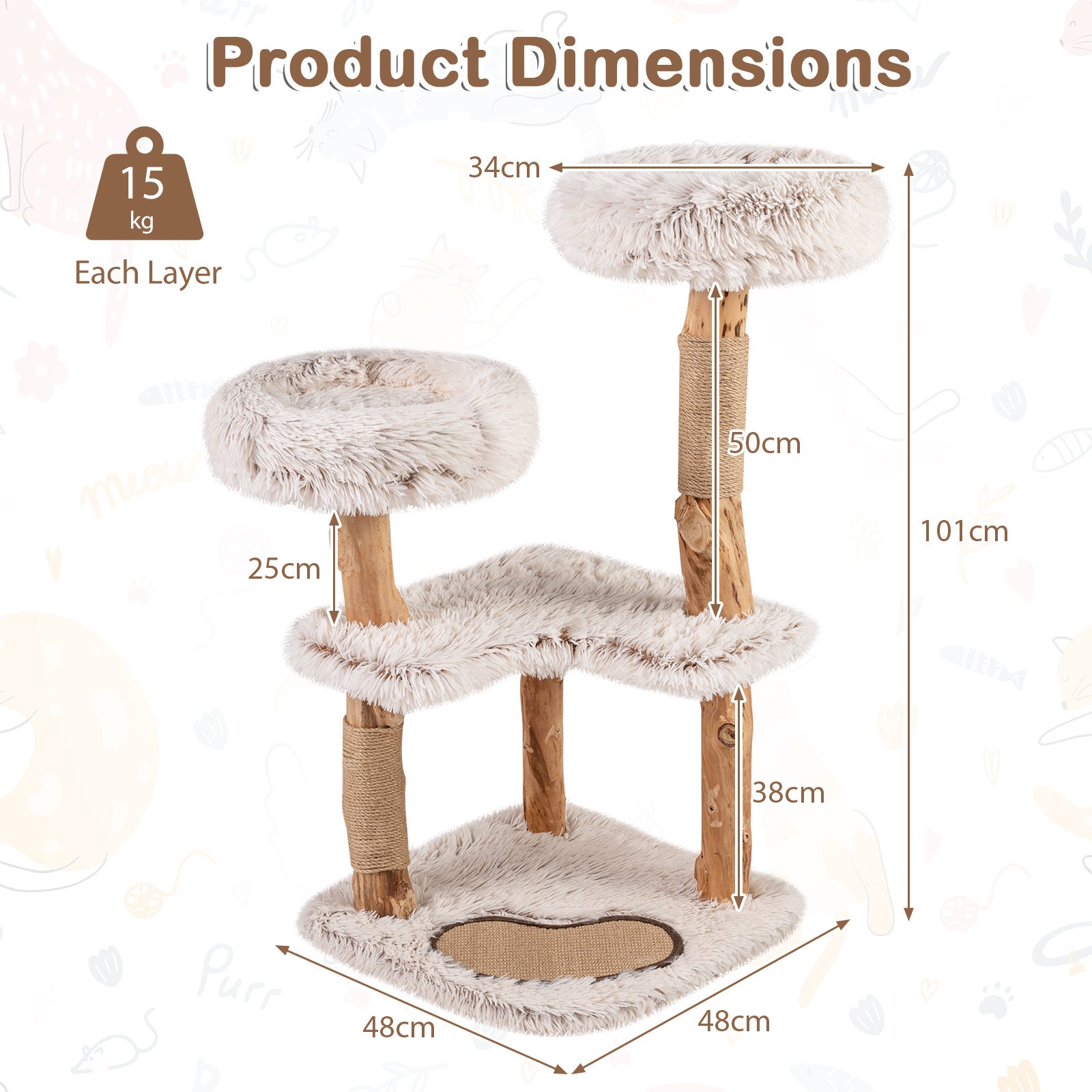 101CM Cat Tree Tower with Real Wood Natural Branch and 2 Padded Perches-Natural & White