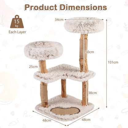 101CM Cat Tree Tower with Real Wood Natural Branch and 2 Padded Perches-Natural & White