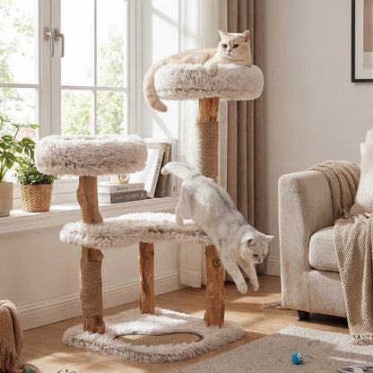 101CM Cat Tree Tower with Real Wood Natural Branch and 2 Padded Perches-Natural & White