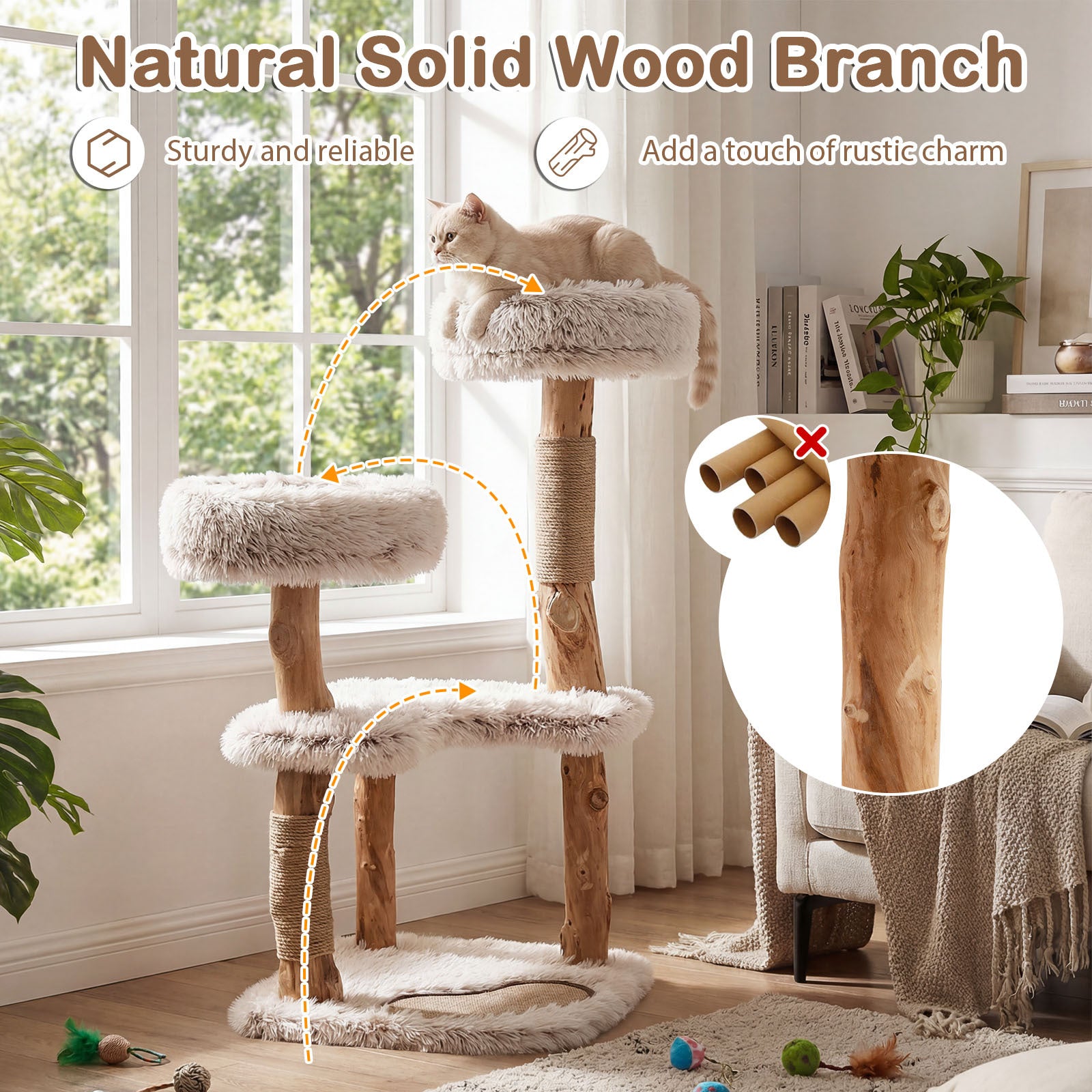101CM Cat Tree Tower with Real Wood Natural Branch and 2 Padded Perches-Natural & White