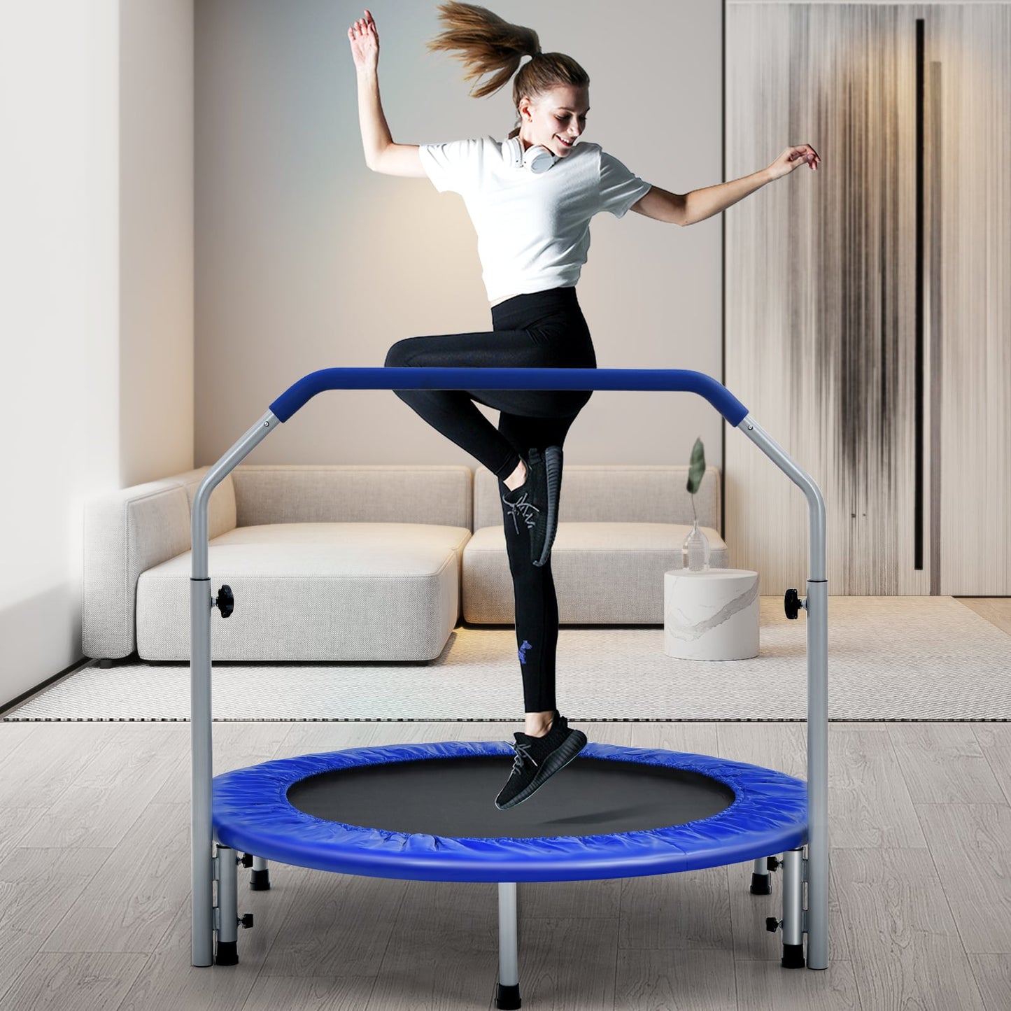 101cm Foldable Trampoline with 4-Level Adjustable Handle for Adults-Blue
