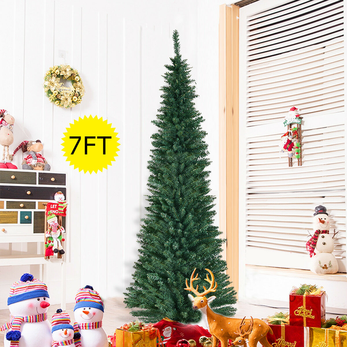 7ft Artificial Pencil Slim Christmas Tree with Metal Stand