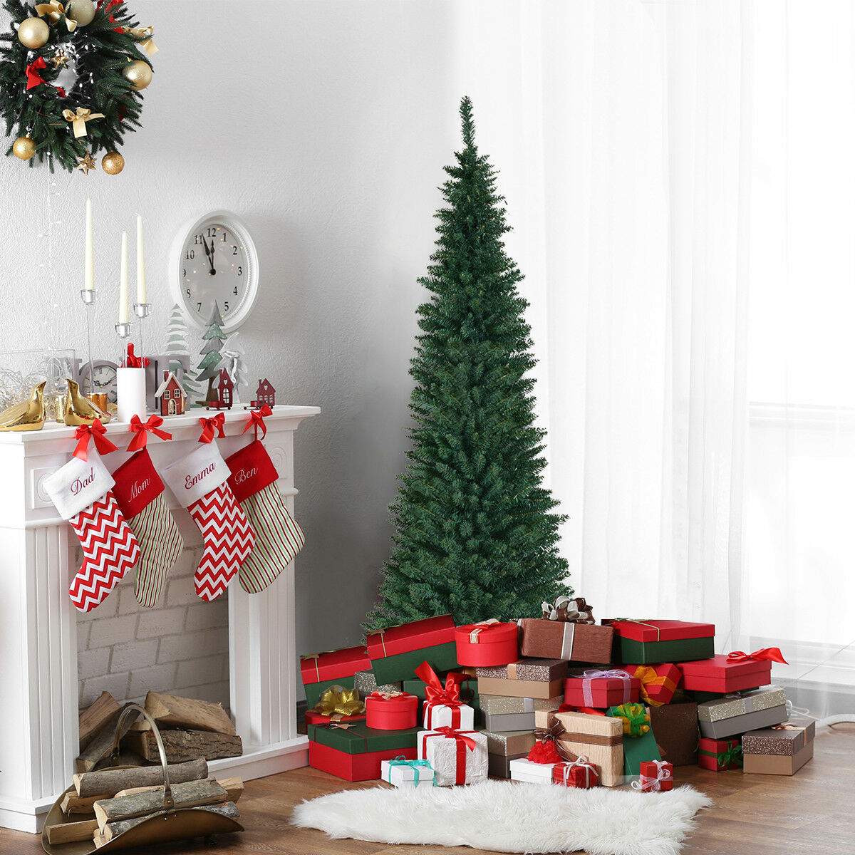 7ft Artificial Pencil Slim Christmas Tree with Metal Stand