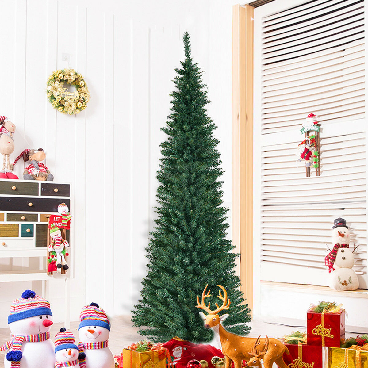 7ft Artificial Pencil Slim Christmas Tree with Metal Stand