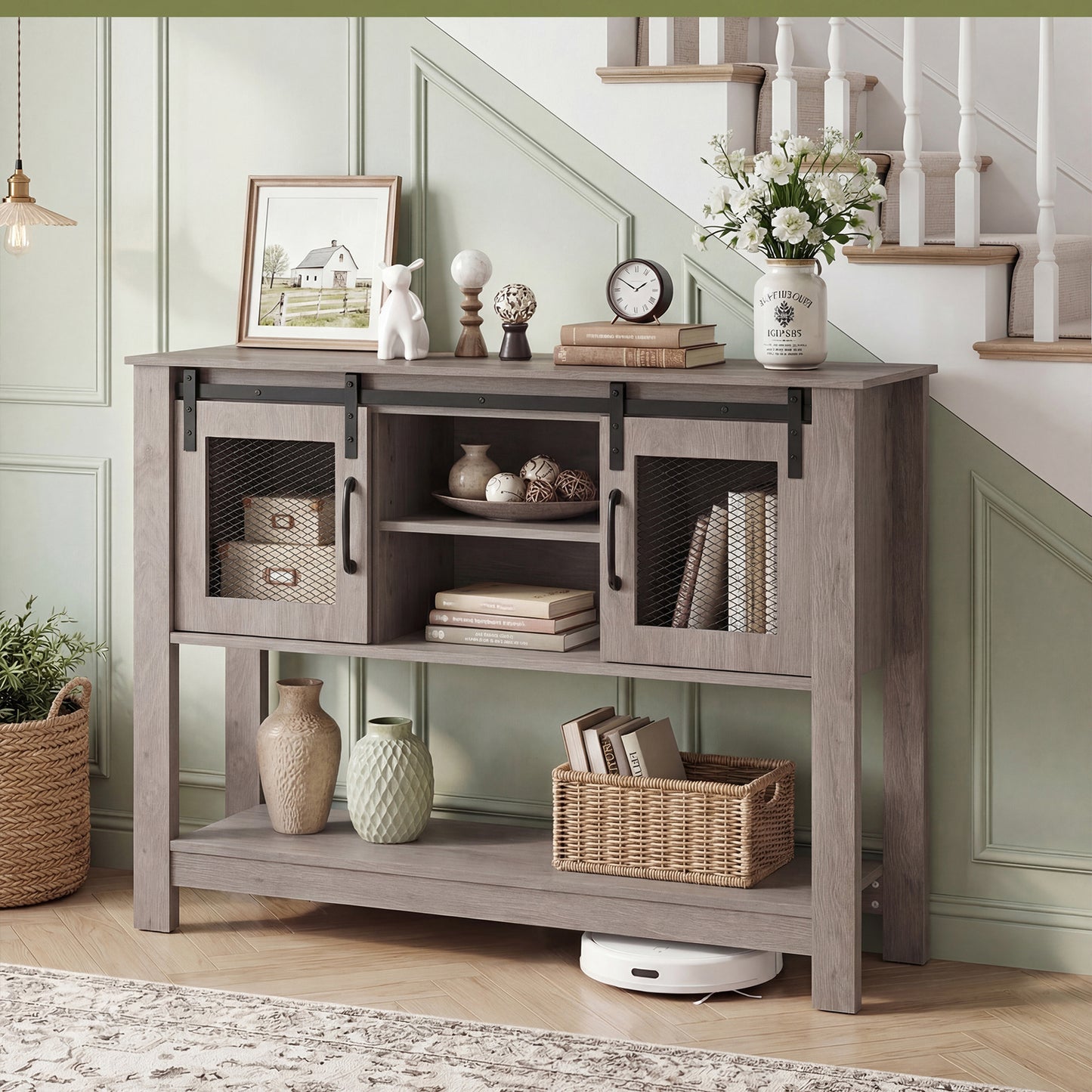 102CM Small Entryway Table with Barn Sliding Doors-Grey