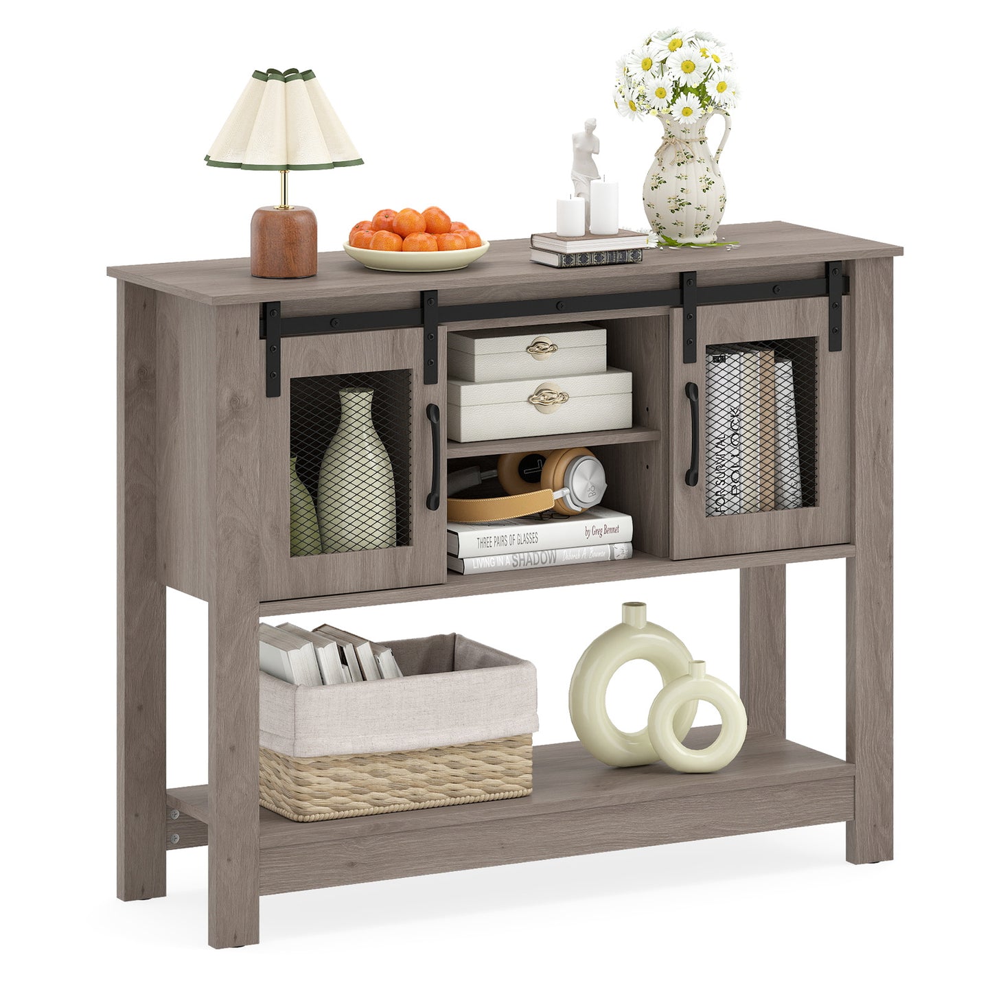 102CM Small Entryway Table with Barn Sliding Doors-Grey