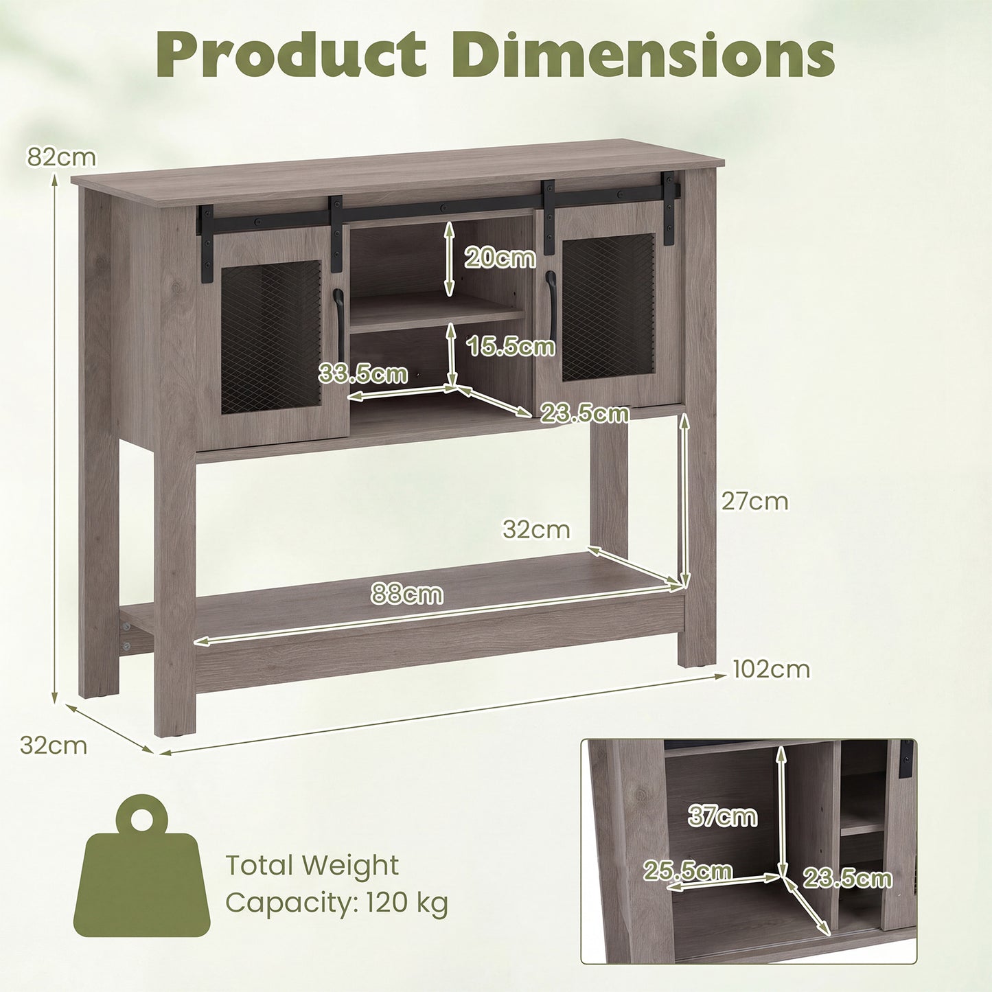 102CM Small Entryway Table with Barn Sliding Doors-Grey