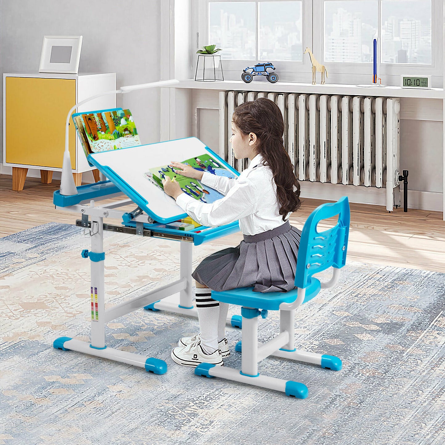 Height Adjustable Kid's Tilted Desk Set with Lamp &amp; Drawer-Blue