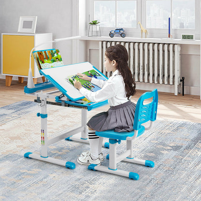 Height Adjustable Kid's Tilted Desk Set with Lamp &amp; Drawer-Blue