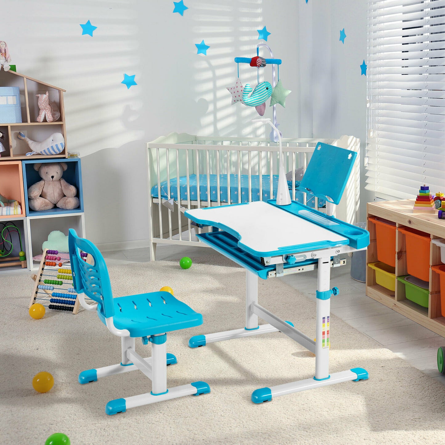 Height Adjustable Kid's Tilted Desk Set with Lamp &amp; Drawer-Blue