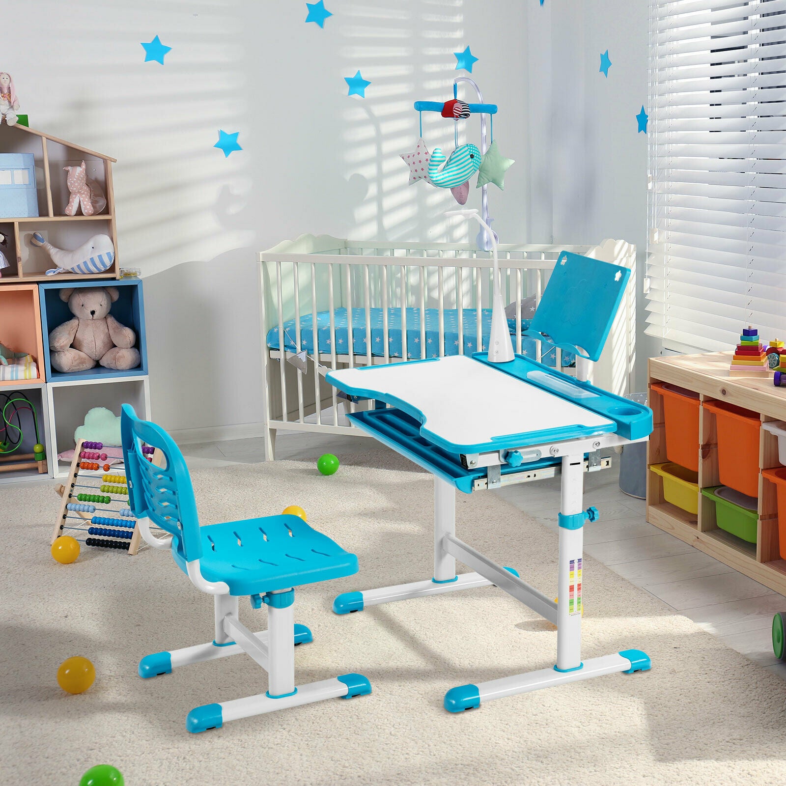 Height Adjustable Kid's Tilted Desk Set with Lamp &amp; Drawer-Blue