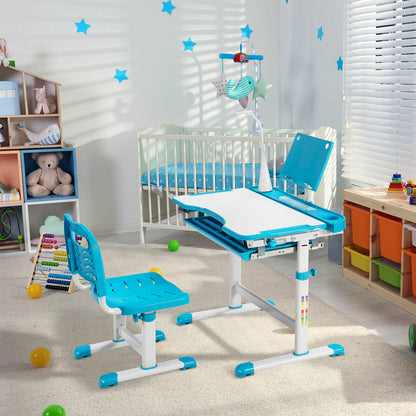 Height Adjustable Kid's Tilted Desk Set with Lamp &amp; Drawer-Blue