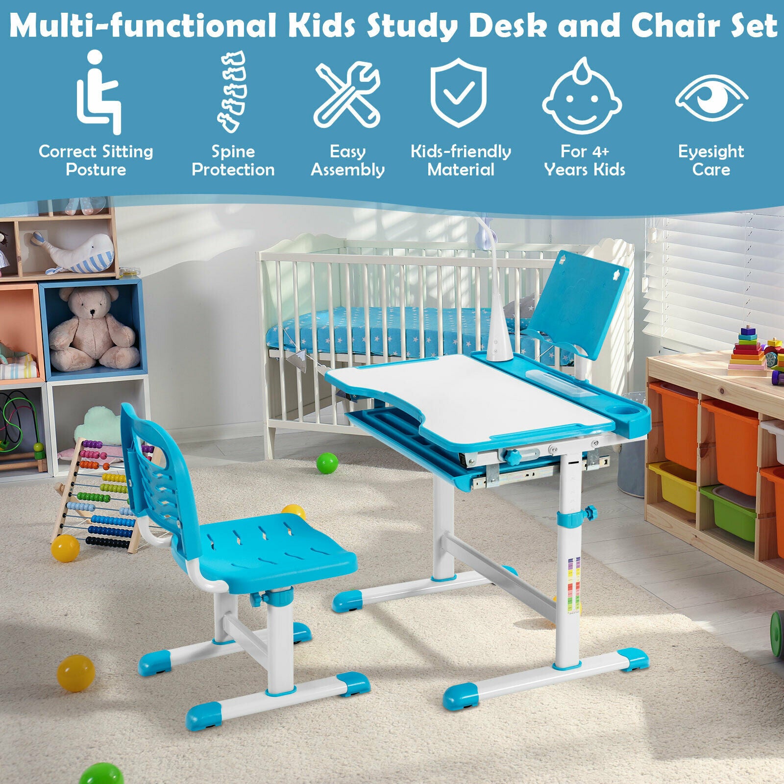 Height Adjustable Kid's Tilted Desk Set with Lamp &amp; Drawer-Blue