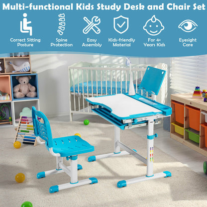 Height Adjustable Kid's Tilted Desk Set with Lamp &amp; Drawer-Blue
